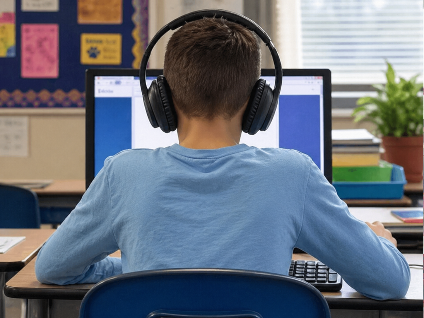 Student wearing headphones using online assessment tools on a computer in a classroom